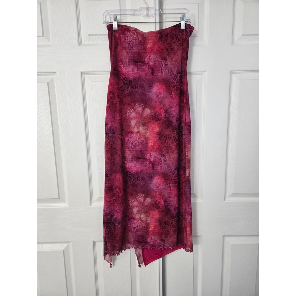 UO Pink Floral Mesh Strapless Midi Dress Side Slit Lettuce Edge Y2K Style M - Picture 4 of 7